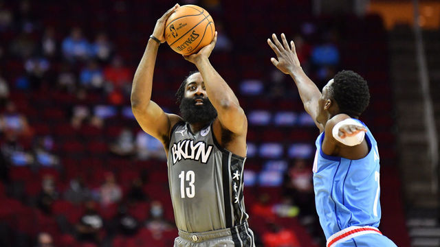 HOUSTON, TX - MARCH 3: James Harden #13 of the Brooklyn Nets shoots the ball during the game against the Houston Rockets on March 3, 2021 at the Toyota Center in Houston, Texas. Mandatory Copyright Notice: Copyright 2021 NBAE