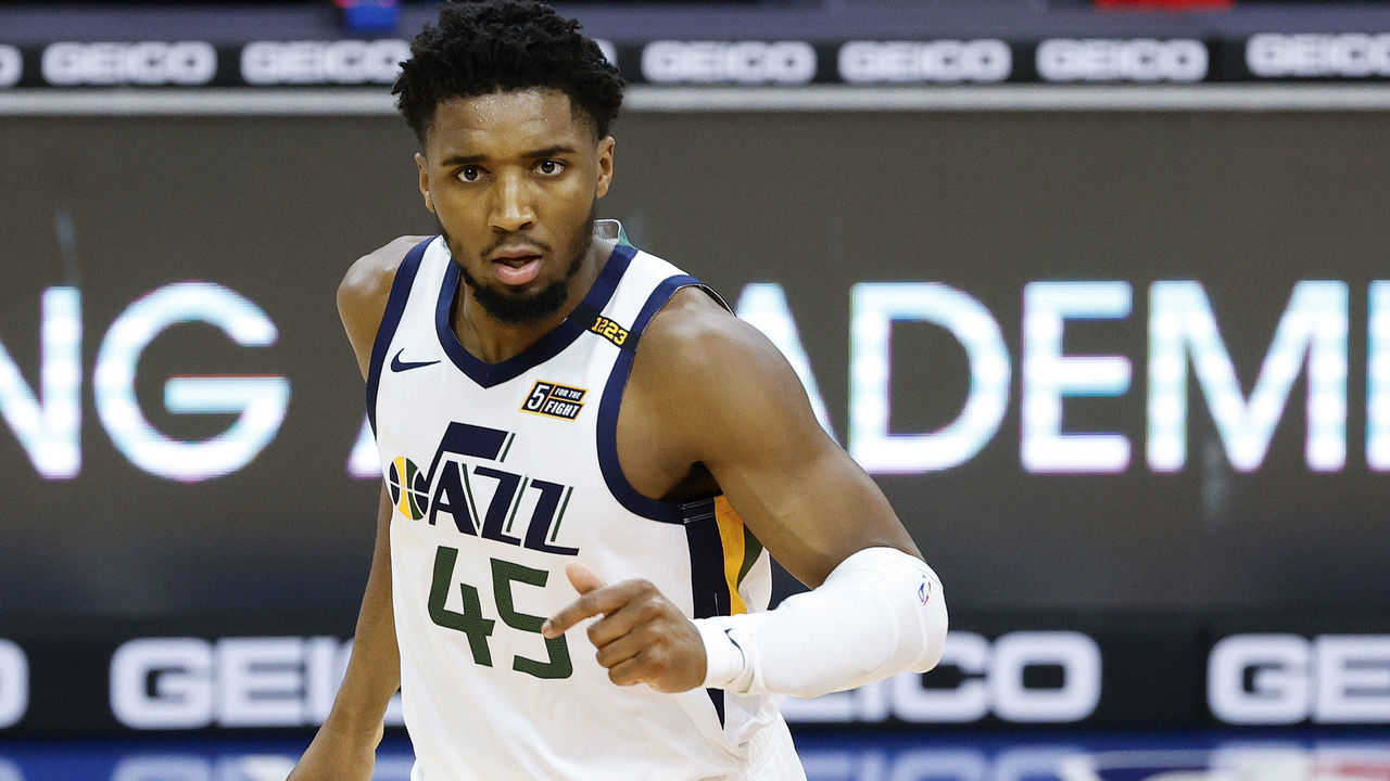 PHILADELPHIA, PENNSYLVANIA - MARCH 03: Donovan Mitchell #45 of the Utah Jazz looks on during the third quarter against the Philadelphia 76ers at Wells Fargo Center on March 03, 2021 in Philadelphia, Pennsylvania.