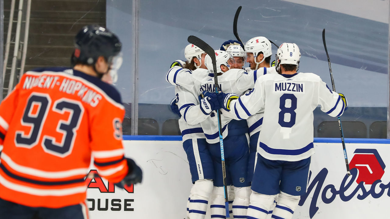 EDMONTON, AB - MARCH 3: The Maple Leafs celebrate a goal in the second period during the Edmonton Oilers game versus the Toronto Maple Leafs on March 3, 2021 at Rogers Place in Edmonton, AB.