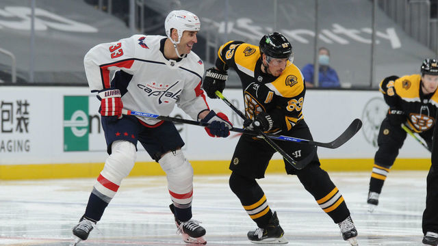 BOSTON, MA - MARCH 3: Zdeno Chara #33 of the Washington Capitals against Brad Marchand #63 of the Boston Bruins at the TD Garden on March 3, 2021 in Boston, Massachusetts.