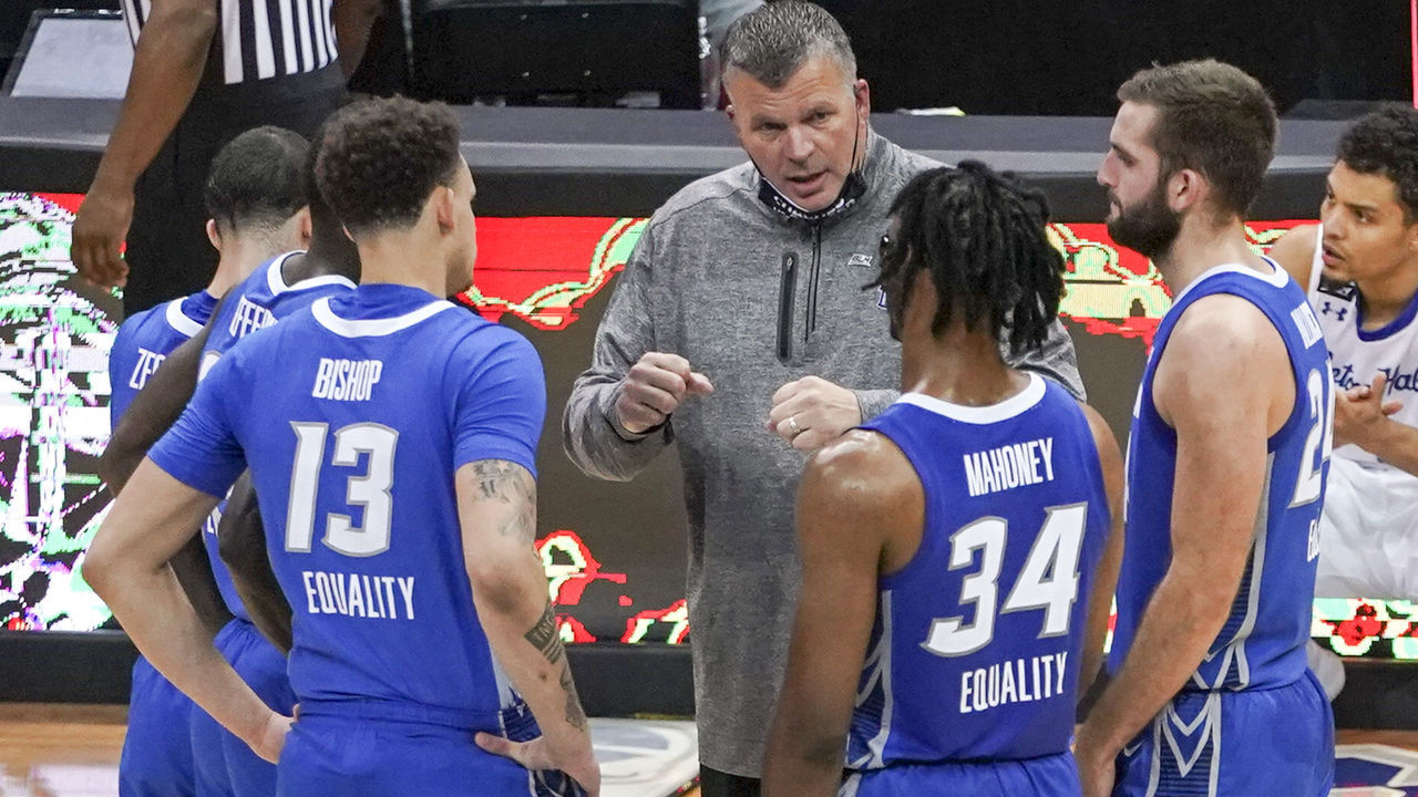 NEWARK, NJ - JANUARY 27: Head coach Greg McDermott of the Creighton Bluejays talks with his team during the game against the Seton Hall Pirates at Prudential Center on January 27, 2021 in Newark, NJ.