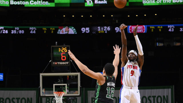 BOSTON, MA - FEBRUARY 12: Jerami Grant #9 of the Detroit Pistons shoots the ball during the game against the Boston Celtics on February 12, 2021 at the TD Garden in Boston, Massachusetts. Mandatory Copyright Notice: Copyright 2021 NBAE