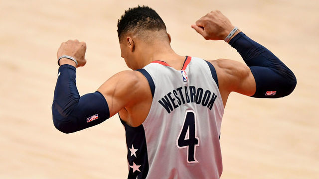 WASHINGTON, DC - FEBRUARY 27: Russell Westbrook #4 of the Washington Wizards looks on during the first half against the Minnesota Timberwolves at Capital One Arena on February 27, 2021 in Washington, DC.