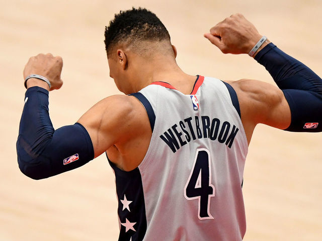 WASHINGTON, DC - FEBRUARY 27: Russell Westbrook #4 of the Washington Wizards looks on during the first half against the Minnesota Timberwolves at Capital One Arena on February 27, 2021 in Washington, DC.