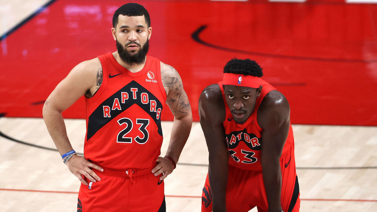 PORTLAND, OREGON - JANUARY 11: Fred VanVleet #23 and Pascal Siakam #43 of the Toronto Raptors react in the first quarter against the Portland Trail Blazers at Moda Center on January 11, 2021 in Portland, Oregon.