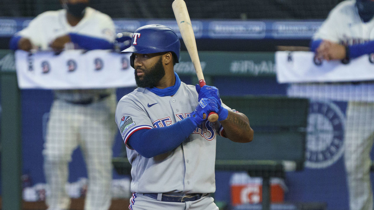 SEATTLE, WA - AUGUST 23: Danny Santana #38 of the Texas Rangers waits for a pitch during an at-bat in a game against the Seattle Mariners at T-Mobile Park on August 23, 2020 in Seattle, Washington. The Mariners won 4-1.