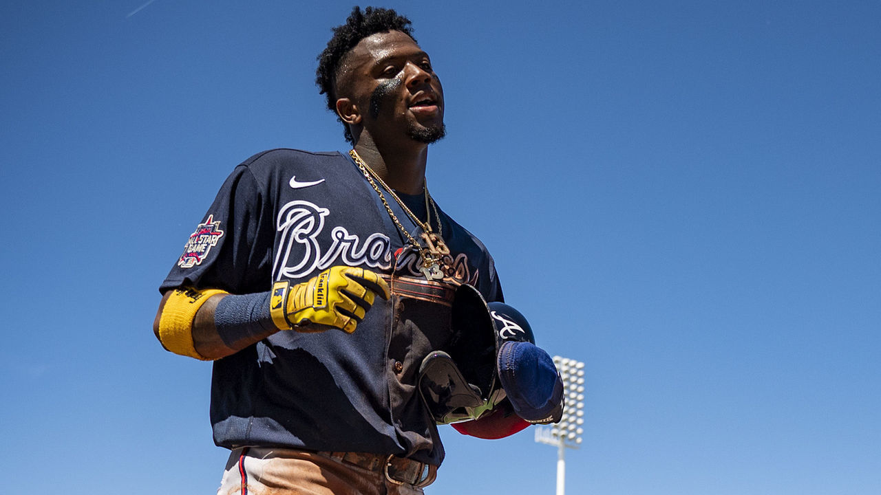 FT. MYERS, FL - FEBRUARY 28: Ronald Acuna Jr. #13 of the Atlanta Braves reacts during the first inning of a Grapefruit League game against the Boston Red Sox at jetBlue Park at Fenway South on March 1, 2021 in Fort Myers, Florida.