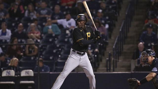 TAMPA, FL - FEBRUARY 24: Pittsburgh Pirates shortstop Oneil Cruz (61) at bat during the MLB Spring Training game between the Pittsburgh Pirates and New York Yankees on February 24, 2020 at George M. Steinbrenner Field in Tampa, FL.