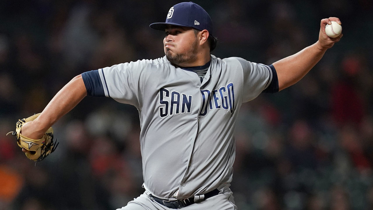 SAN FRANCISCO, CA - SEPTEMBER 26: Jose Castillo #65 of the San Diego Padres pitches against the San Francisco Giants in the bottom fo the seventh inning at AT&T Park on September 26, 2018 in San Francisco, California.