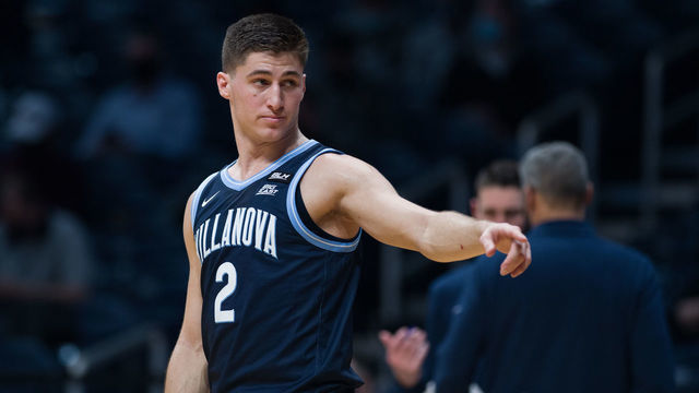 INDIANAPOLIS, IN - FEBRUARY 28: Villanova Wildcats guard Collin Gillespie (2) waits for an inbounds pass during the men's college basketball game between the Villanova Wildcats and Butler Bulldogs on February 28, 2021, at Hinkle Fieldhouse in Indianapolis, IN.