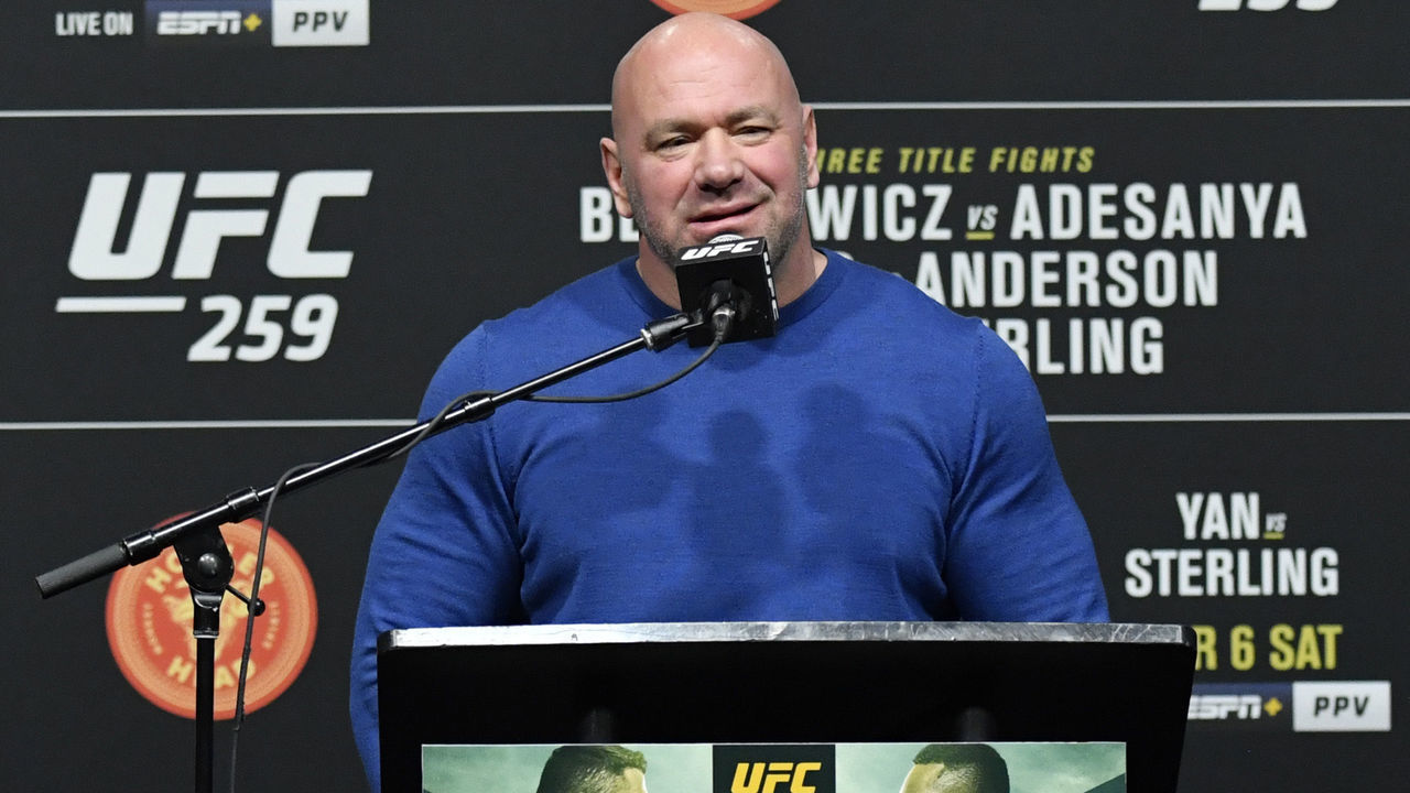 LAS VEGAS, NEVADA - MARCH 04: UFC president Dana White interacts with media during the UFC 259 press conference at UFC APEX on March 04, 2021 in Las Vegas, Nevada.