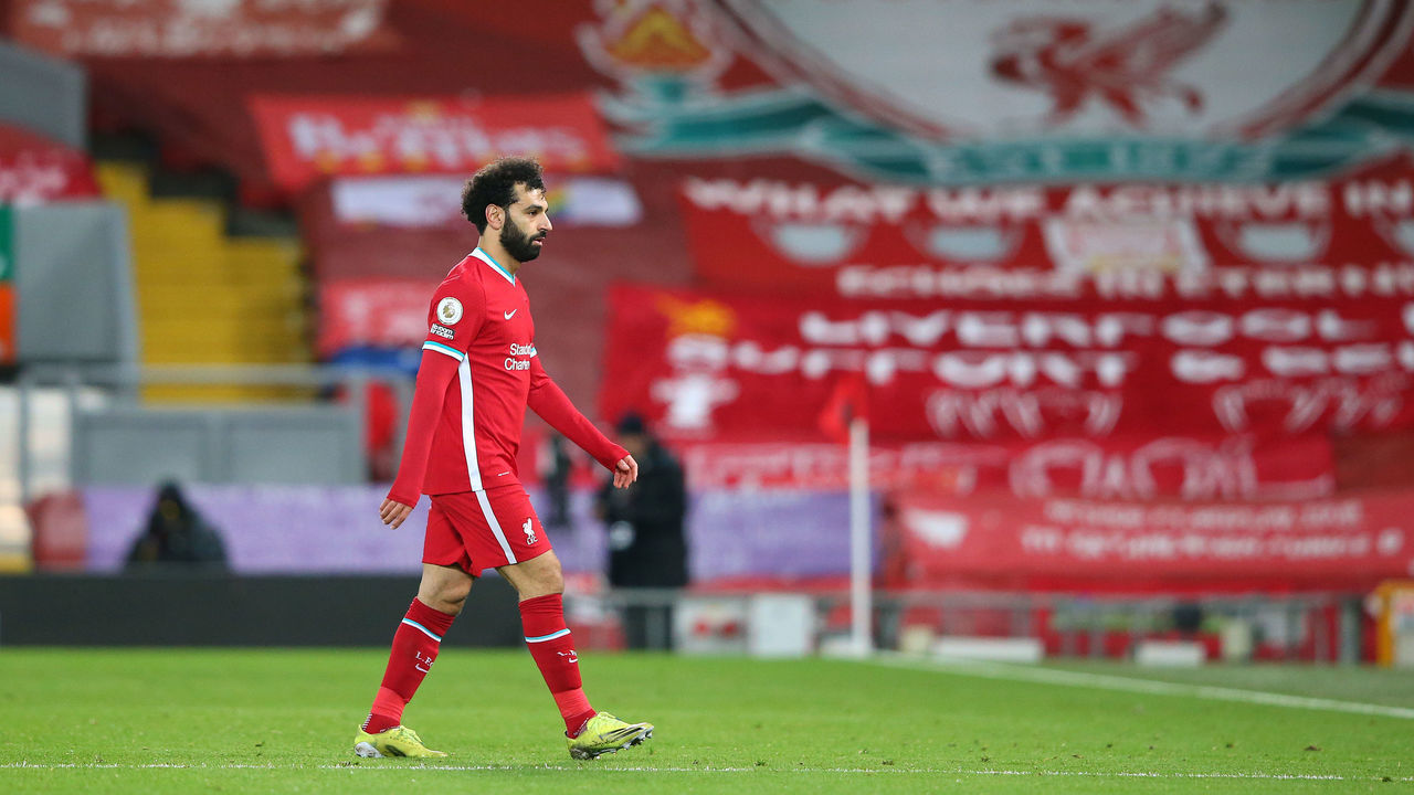 LIVERPOOL, ENGLAND - MARCH 04: Mohamed Salah of Liverpool looks dejected as he is substituted during the Premier League match between Liverpool and Chelsea at Anfield on March 04, 2021 in Liverpool, England. Sporting stadiums around the UK remain under strict restrictions due to the Coronavirus Pandemic as Government social distancing laws prohibit fans inside venues resulting in games being played behind closed doors.