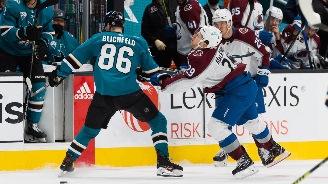 SAN JOSE, CA - MARCH 03: San Jose Sharks Right Wing Joachim Blichfeld (86) earns a penalty during the NHL pro hockey game between the Colorado Avalanche and the San Jose Sharks on March 3, 2021 at SAP Center in San Jose, CA.
