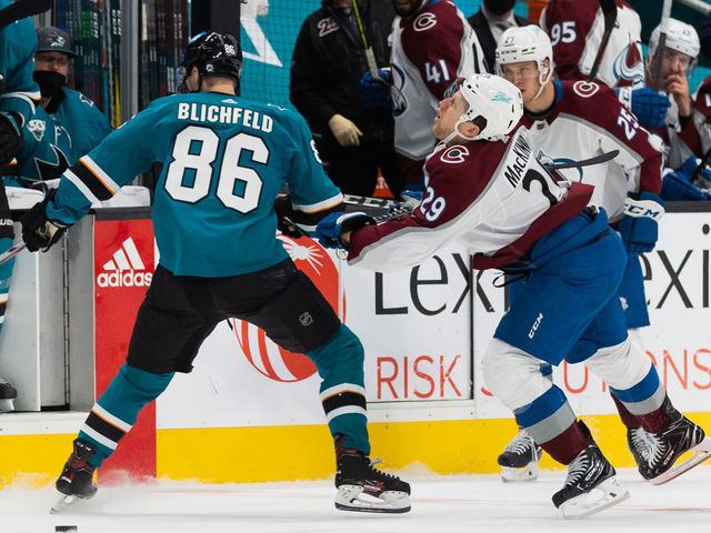 SAN JOSE, CA - MARCH 03: San Jose Sharks Right Wing Joachim Blichfeld (86) earns a penalty during the NHL pro hockey game between the Colorado Avalanche and the San Jose Sharks on March 3, 2021 at SAP Center in San Jose, CA.