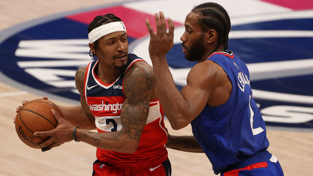 WASHINGTON, DC - MARCH 04: Bradley Beal #3 of the Washington Wizards is guarded by Kawhi Leonard #2 of the Los Angeles Clippers during the second half at Capital One Arena on March 04, 2021 in Washington, DC.