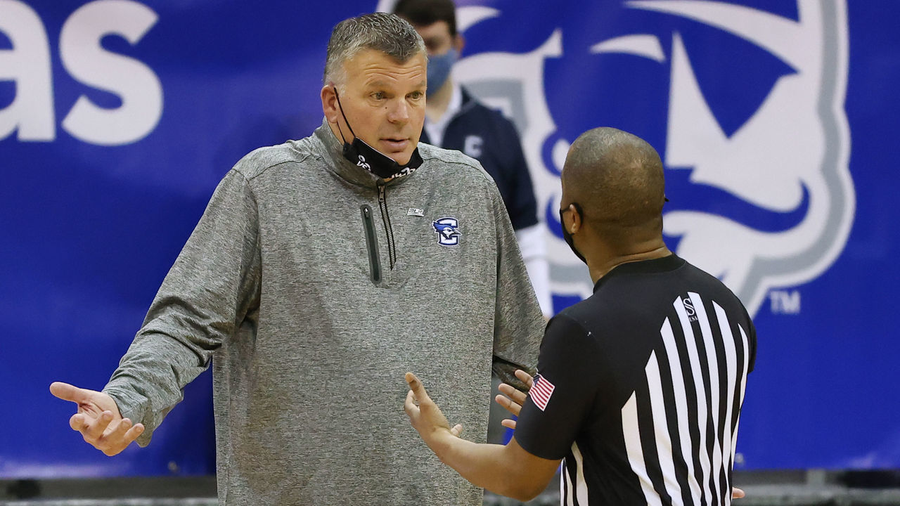 NEWARK, NJ - JANUARY 27: Head coach Greg McDermott of the Creighton Bluejays questions a call during the second half of an NCAA college basketball game against the Seton Hall Pirates at Prudential Center on January 27, 2021 in Newark, New Jersey. Creighton defeated Seton Hall 85-81.