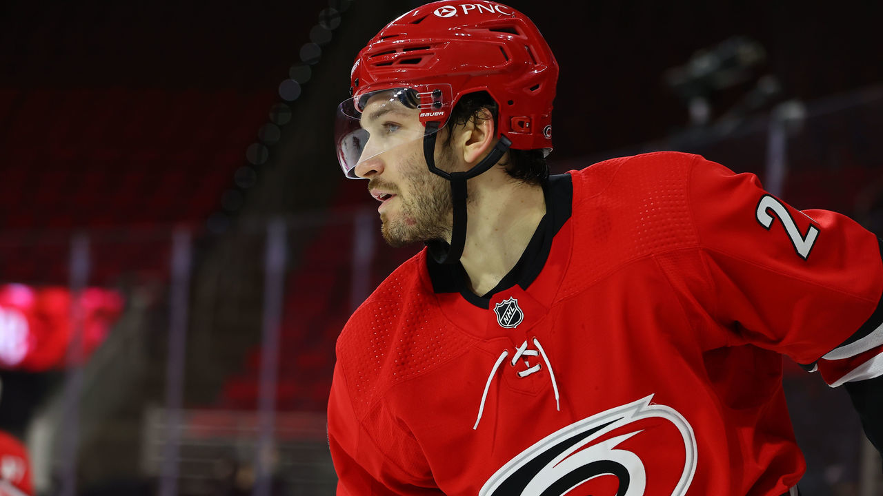 RALEIGH, NC - FEBRUARY 22:Carolina Hurricanes defenseman Brett Pesce (22) during the 2nd period of the Carolina Hurricanes vs Tampa Bay Lightning on February 22nd, 2021 at PNC Arena in Raleigh, NC.