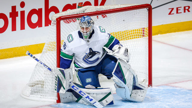 WINNIPEG, MB - MARCH 1: Goaltender Thatcher Demko #35 of the Vancouver Canucks guards the net during third period action against the Winnipeg Jets at the Bell MTS Place on March 1, 2021 in Winnipeg, Manitoba, Canada.