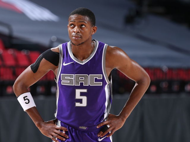 PORTLAND, OR - MARCH 4: De'Aaron Fox #5 of the Sacramento Kings looks on during the game against the Portland Trail Blazers on March 4, 2021 at the Moda Center Arena in Portland, Oregon. Mandatory Copyright Notice: Copyright 2021 NBAE