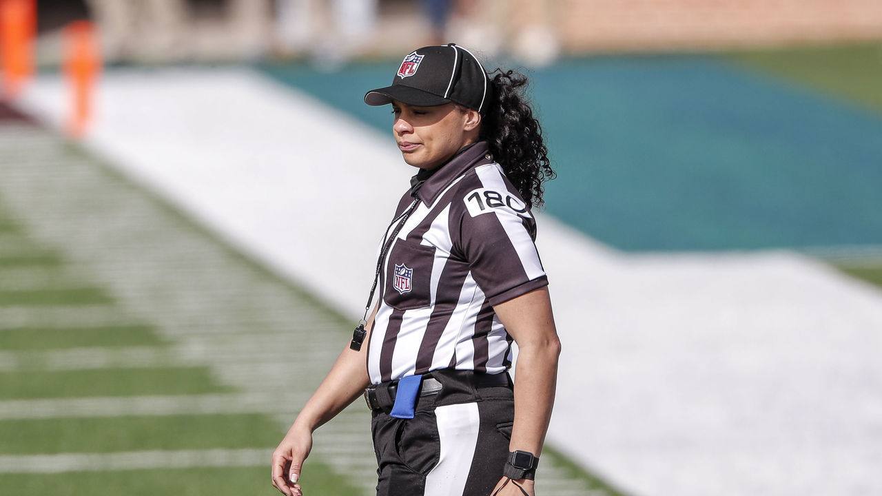 MOBILE, AL - JANUARY 30: Official Maia Chaka #180 during the 2021 Resse's Senior Bowl at Hancock Whitney Stadium on the campus of the University of South Alabama on January 30, 2021 in Mobile, Alabama. The National Team defeated the American Team 27-24.