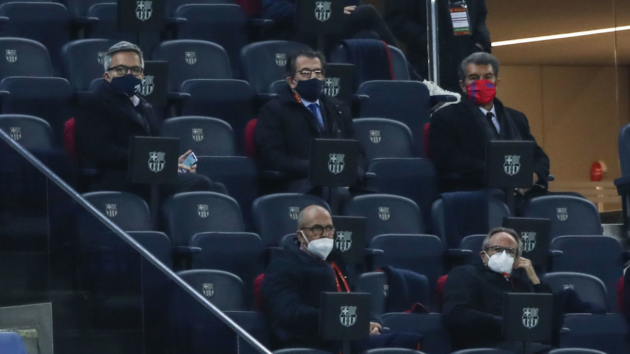 Victor Font, Toni Freixa and Joan Laporta candidates of the presidence of FC Barcelona president elections during the Spanish Copa del Rey semi final match between FC Barcelona and Sevilla FC at Camp Nou Stadium on March 03, 2021 in Barcelona, Spain.