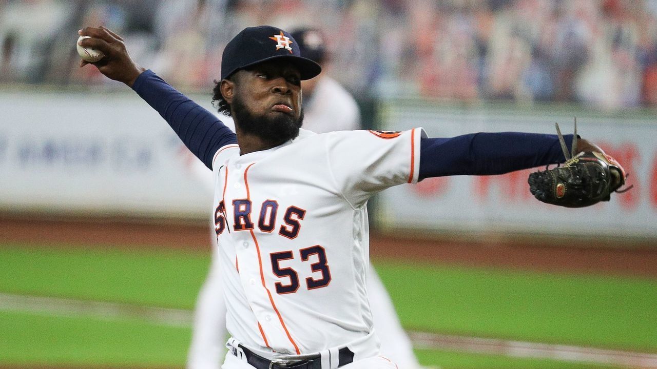 HOUSTON, TEXAS - SEPTEMBER 19: Cristian Javier #53 of the Houston Astros pitches in the first inning against the Arizona Diamondbacks at Minute Maid Park on September 19, 2020 in Houston, Texas.