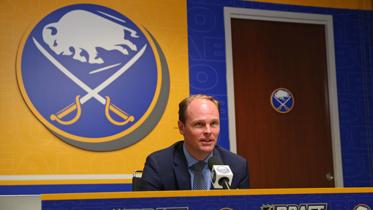 BUFFALO, NY - OCTOBER 06: General Manager Kevyn Adams of the Buffalo Sabres reacts following their selection of Jack Quinn in Round One of the 2020 NHL Draft on October 6, 2020 at team offices at KeyBank Center in Buffalo, New York. The 2020 NHL Draft was held virtually due to the ongoing Coronavirus pandemic.
