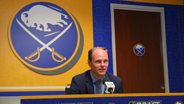 BUFFALO, NY - OCTOBER 06: General Manager Kevyn Adams of the Buffalo Sabres reacts following their selection of Jack Quinn in Round One of the 2020 NHL Draft on October 6, 2020 at team offices at KeyBank Center in Buffalo, New York. The 2020 NHL Draft was held virtually due to the ongoing Coronavirus pandemic.