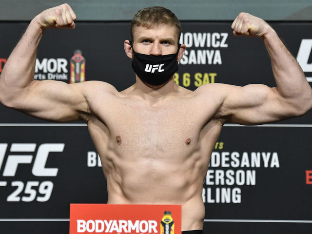 LAS VEGAS, NEVADA - MARCH 05: Jan Blachowicz of Poland poses on the scale during the UFC 259 weigh-in at UFC APEX on March 05, 2021 in Las Vegas, Nevada.
