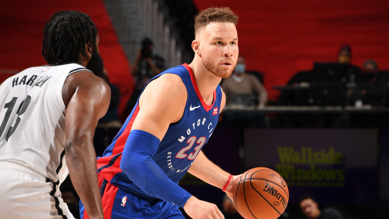 DETROIT, MI - FEBRUARY 9: Blake Griffin #23 of the Detroit Pistons dribbles the ball during the game against the Brooklyn Nets on February 9, 2021 at Little Caesars Arena in Detroit, Michigan. NOTE TO USER: User expressly acknowledges and agrees that, by downloading and/or using this photograph, User is consenting to the terms and conditions of the Getty Images License Agreement. Mandatory Copyright Notice: Copyright 2021 NBAE