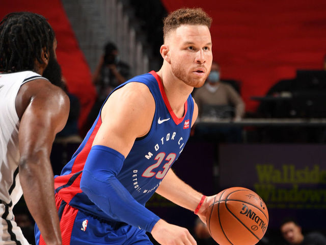 DETROIT, MI - FEBRUARY 9: Blake Griffin #23 of the Detroit Pistons dribbles the ball during the game against the Brooklyn Nets on February 9, 2021 at Little Caesars Arena in Detroit, Michigan. NOTE TO USER: User expressly acknowledges and agrees that, by downloading and/or using this photograph, User is consenting to the terms and conditions of the Getty Images License Agreement. Mandatory Copyright Notice: Copyright 2021 NBAE