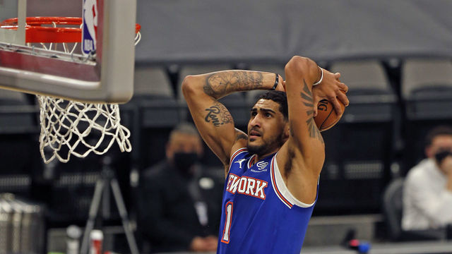SAN ANTONIO, TX - MARCH 2: Obi Toppin #1 of the New York Knicks slams a dunk against the San Antonio Spurs in the second half at AT&T Center on March 2, 2021 in San Antonio, Texas. Spurs defeated the Knicks 119-93. NOTE TO USER: User expressly acknowledges and agrees that , by downloading and or using this photograph, User is consenting to the terms and conditions of the Getty Images License Agreement.