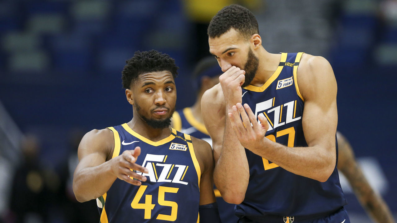 NEW ORLEANS, LA - MARCH 1: Donovan Mitchell #45 and Rudy Gobert #27 of the Utah Jazz talk during the game against the New Orleans Pelicans on March 1, 2021 at the Smoothie King Center in New Orleans, Louisiana. Mandatory Copyright Notice: Copyright 2021 NBAE
