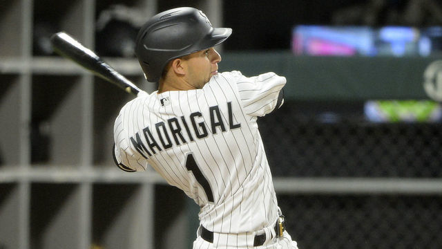CHICAGO - SEPTEMBER 26: Nick Madrigal #1 of the Chicago White Sox bats against the Chicago Cubs on September 26, 2020 at Guaranteed Rate Field in Chicago, Illinois.
