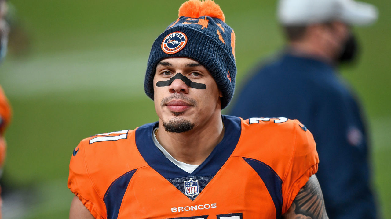 DENVER, CO - JANUARY 03: Denver Broncos free safety Justin Simmons (31) in the bench area during a game between the Denver Broncos and the Las Vegas Raiders at Empower Field at Mile High on January 3, 2021 in Denver, Colorado.