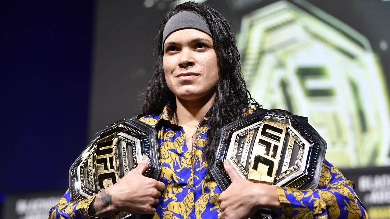 LAS VEGAS, NEVADA - MARCH 04: Amanda Nunes of Brazil poses during the UFC 259 press conference at UFC APEX on March 04, 2021 in Las Vegas, Nevada.