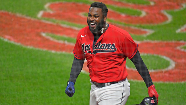 CLEVELAND, OHIO - SEPTEMBER 30: Franmil Reyes #32 of the Cleveland Indians celebrates after scoring during the first inning of Game Two of the American League Wild Card Series against the New York Yankees at Progressive Field on September 30, 2020 in Cleveland, Ohio.