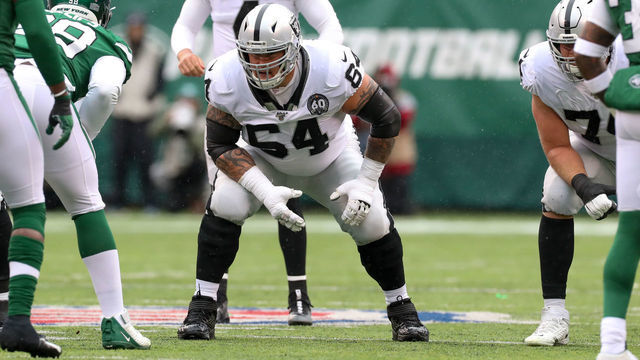EAST RUTHERFORD, NJ - NOVEMBER 24: Oakland Raiders offensive guard Richie Incognito (64) during the first quarter of the National Football League game between the New York Jets and the Oakland Raiders on November 24, 2019 at MetLife Stadium in East Rutherford, NJ.
