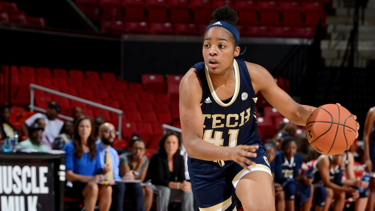 COLLEGE PARK, MD - NOVEMBER 29: Kierra Fletcher #41 of the Georgia Tech Yellow Jackets handles the ball against the Maryland Terrapins at Xfinity Center on November 29, 2018 in College Park, Maryland.