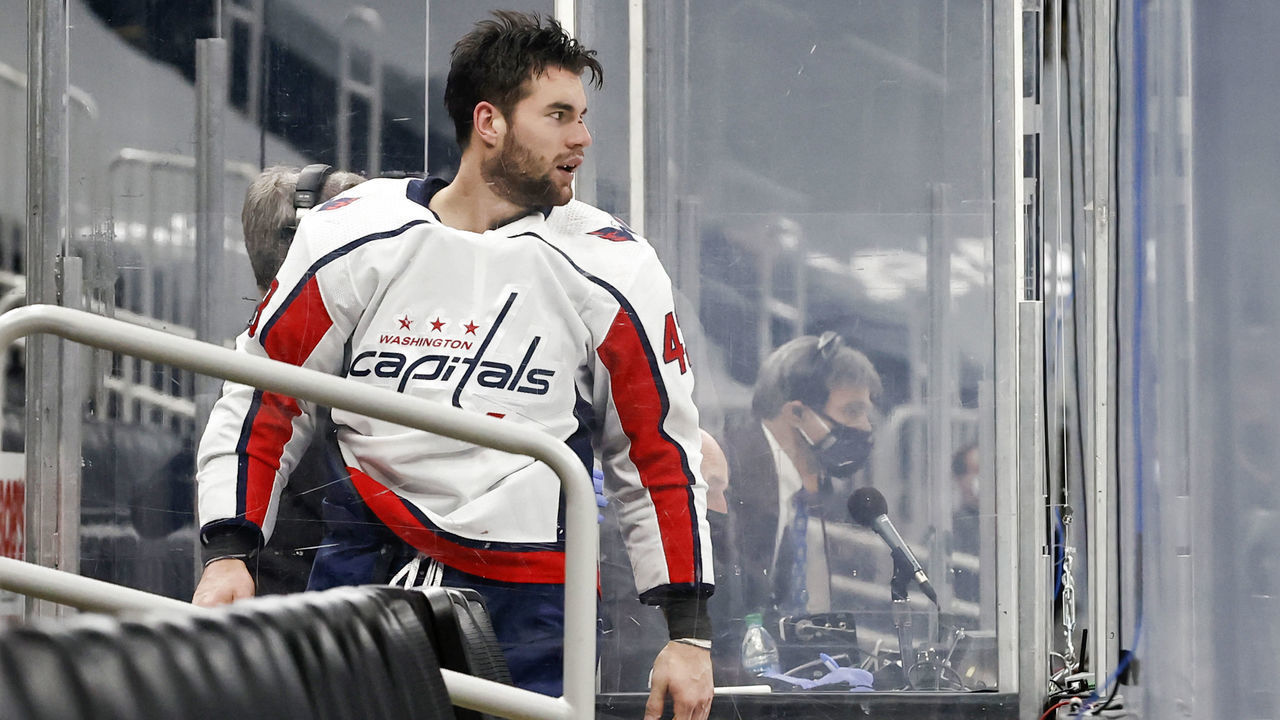 BOSTON, MA - MARCH 05: Washington Capitals right wing Tom Wilson (43) enters the penalty box during a game between the Boston Bruins and the Washington Capitals on March 5, 2021, at TD Garden in Boston, Massachusetts.