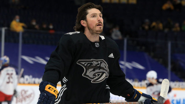 NASHVILLE, TN - FEBRUARY 27: Nashville Predators center Matt Duchene (95) is shown prior to the NHL game between the Nashville Predators and Columbus Blue Jackets, held on February 27, 2021, at Bridgestone Arena in Nashville, Tennessee.