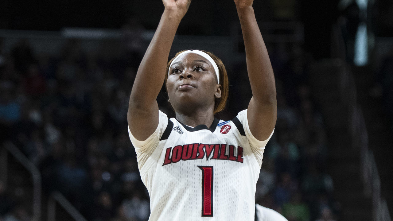 ALBANY, NY - MARCH 31: Louisville Cardinals Guard Dana Evans (1) shoots a free throw during the second half of the game between the Connecticut Huskies and the Louisville Cardinals on March 31, 2019, at the Times Union Center in Albany NY.