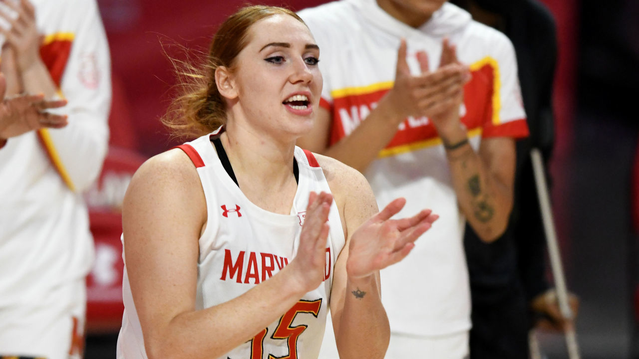 COLLEGE PARK, MD - FEBRUARY 23: Chloe Bibby #55 of the Maryland Terrapins is introduced before a women's college basketball game against the Iowa Hawkeyes at Xfinity Center on February 23, 2021 in College Park, Maryland.