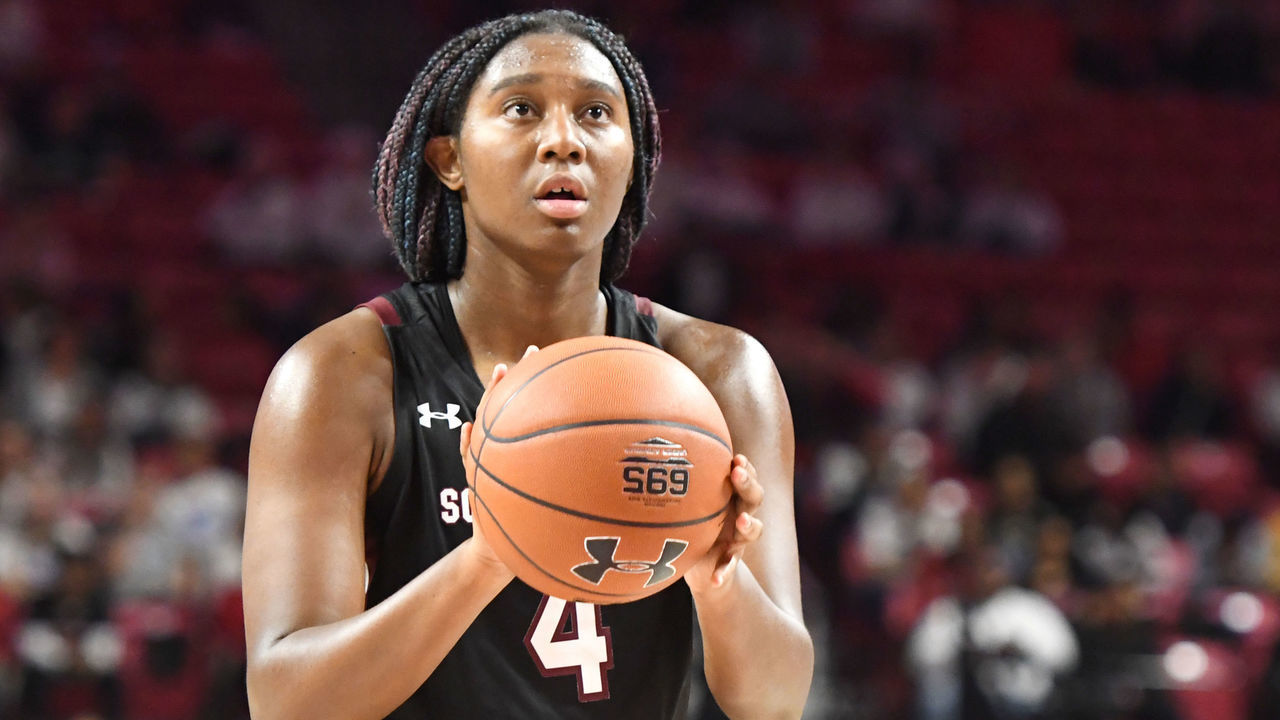 COLLEGE PARK, MD - NOVEMBER 10: Aliyah Boston #4 of the South Carolina Gamecocks takes a foul shot during a women's basketball game against the against the Maryland Terrapins at the Xfinity Center on November 10, 2019 in College Park, Maryland.