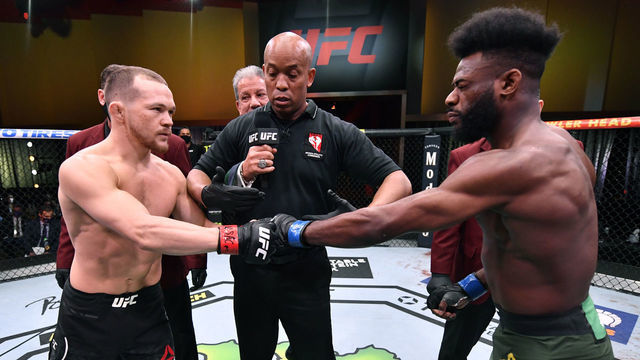 LAS VEGAS, NEVADA - MARCH 06: (L-R) Opponents Petr Yan of Russia and Aljamain Sterling face off prior to their UFC bantamweight championship fight during the UFC 259 event at UFC APEX on March 06, 2021 in Las Vegas, Nevada.
