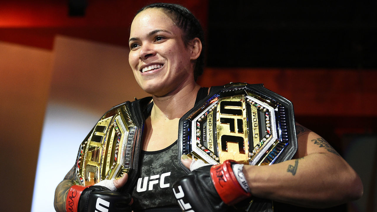 LAS VEGAS, NEVADA - MARCH 06: Amanda Nunes of Brazil reacts after her victory over Megan Anderson of Australia in their UFC featherweight championship fight during the UFC 259 event at UFC APEX on March 06, 2021 in Las Vegas, Nevada.