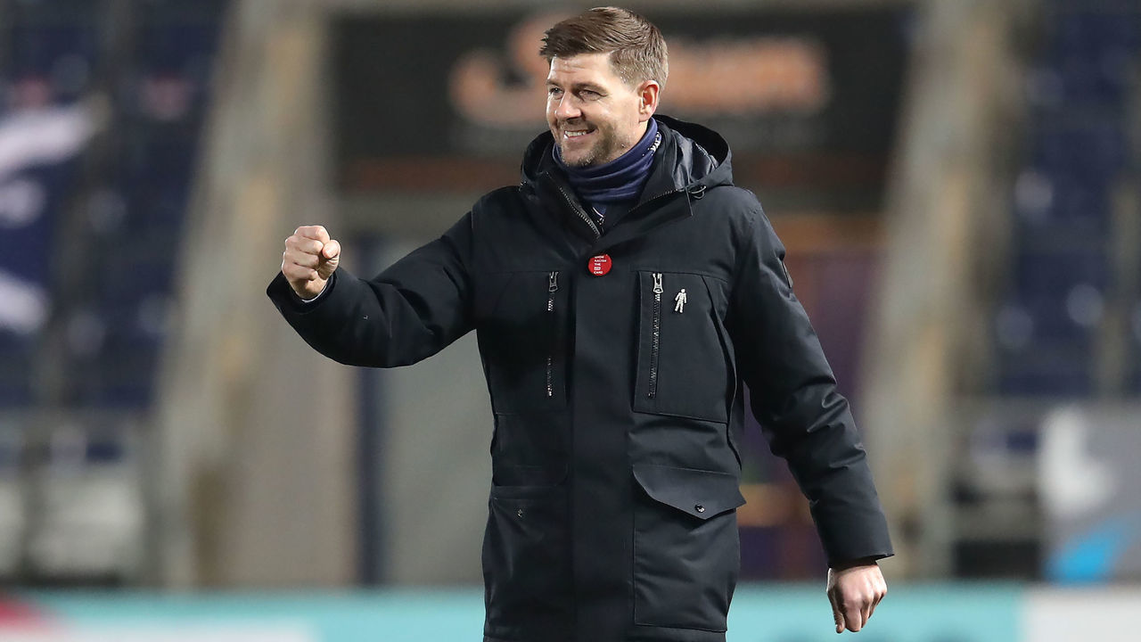 Rangers manager Steven Gerrard celebrates after the Scottish Premier League match at Fir Park, Falkirk.