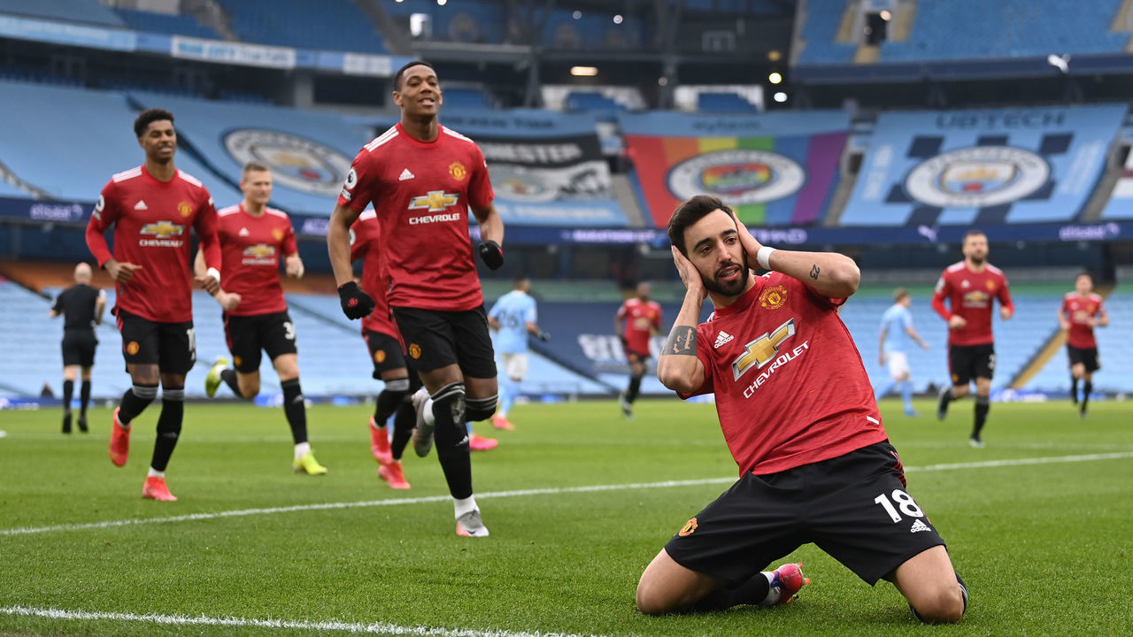 Manchester United's Bruno Fernandes celebrates scoring their side's first goal of the game during the Premier League match at the Etihad Stadium, Manchester. Picture date: Sunday March 7, 2021.