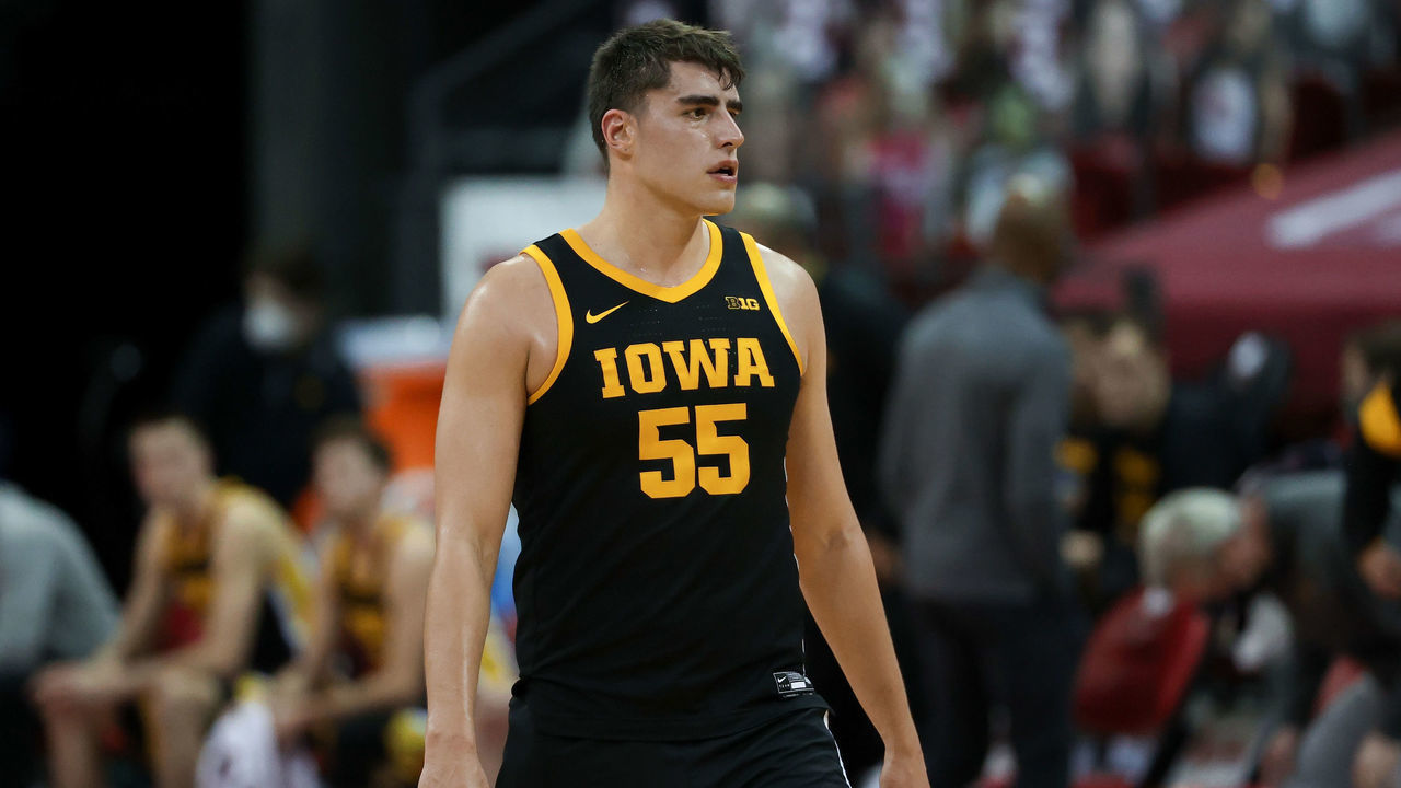 MADISON, WISCONSIN - FEBRUARY 18: Luka Garza #55 of the Iowa Hawkeyes looks on in the first half against the Wisconsin Badgers at the Kohl Center on February 18, 2021 in Madison, Wisconsin.