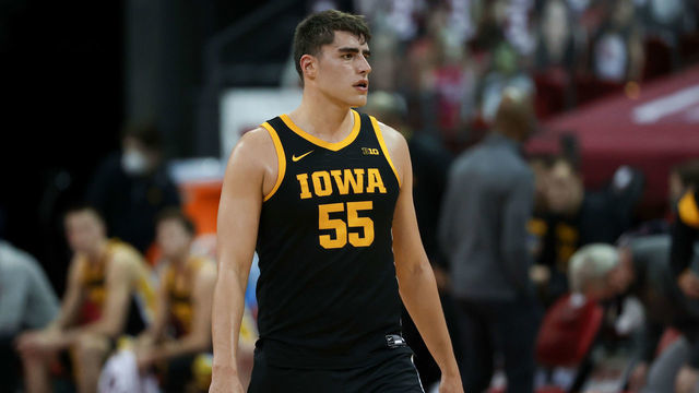 MADISON, WISCONSIN - FEBRUARY 18: Luka Garza #55 of the Iowa Hawkeyes looks on in the first half against the Wisconsin Badgers at the Kohl Center on February 18, 2021 in Madison, Wisconsin.